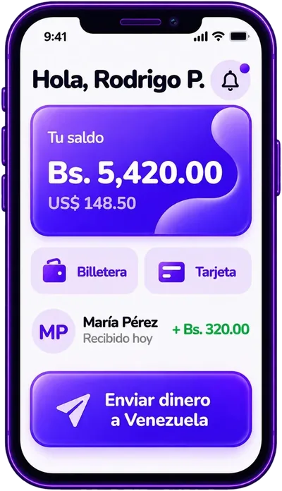 Pantalla de inicio de la app PANAS con el saldo en bolívares y dólares y el botón para enviar dinero a Venezuela
