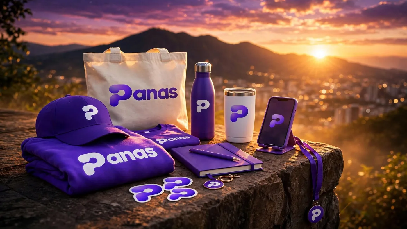 Merch exclusivo de PANAS: gorra, buzo, bolso, termo y stickers morados frente a la ciudad al atardecer