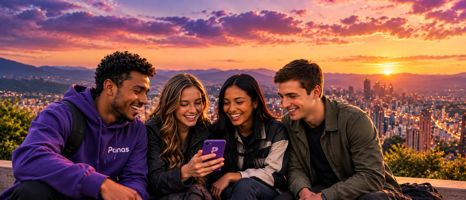Cuatro panas felices mirando un celular morado de PANAS frente a la ciudad al atardecer