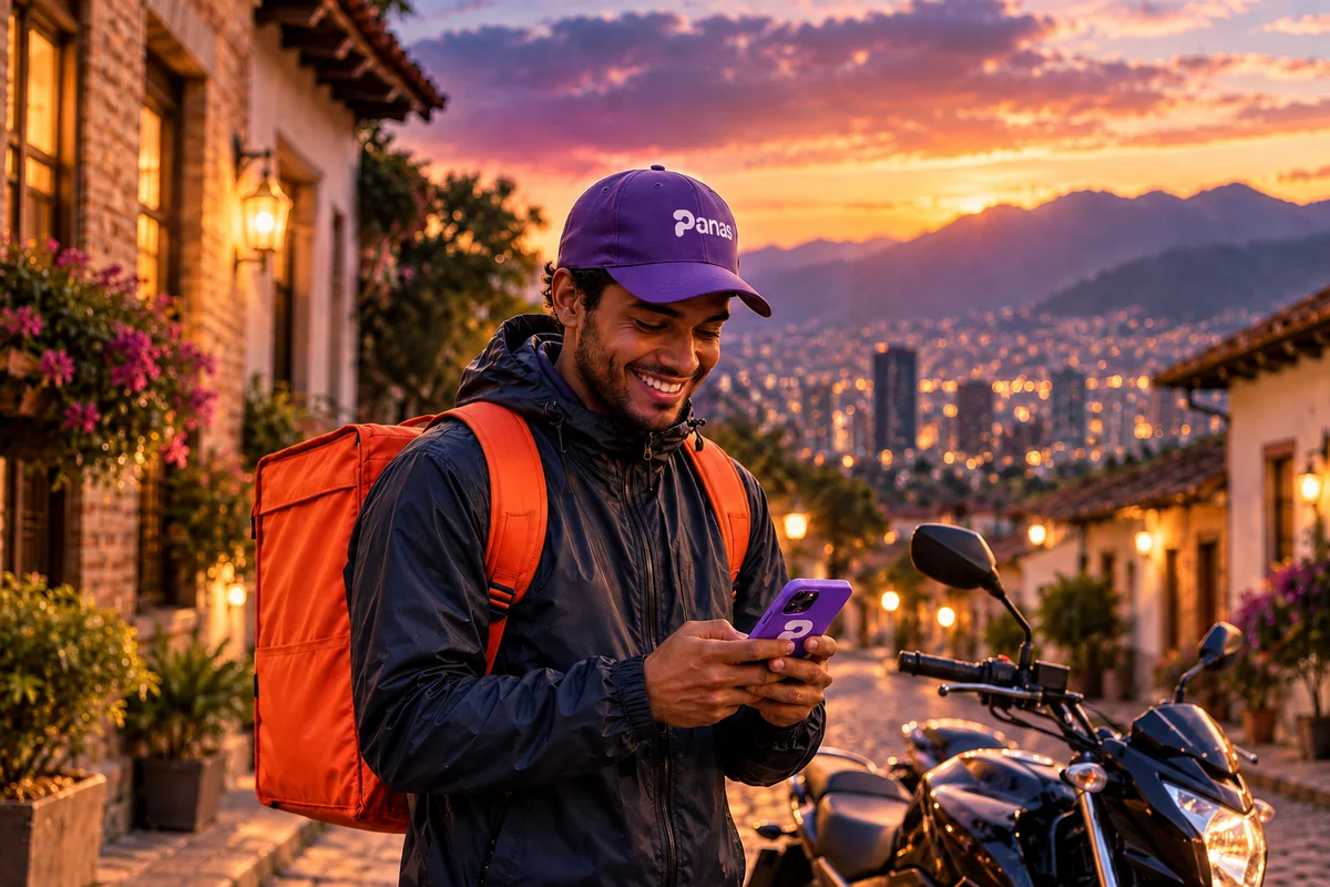 Repartidor venezolano en Bogotá enviando dinero desde su celular, con gorra morada de PANAS