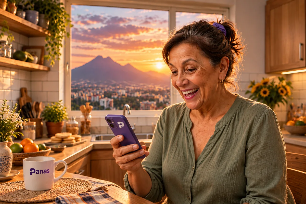 Señora en su cocina en Venezuela feliz mirando su celular porque le llegó el dinero